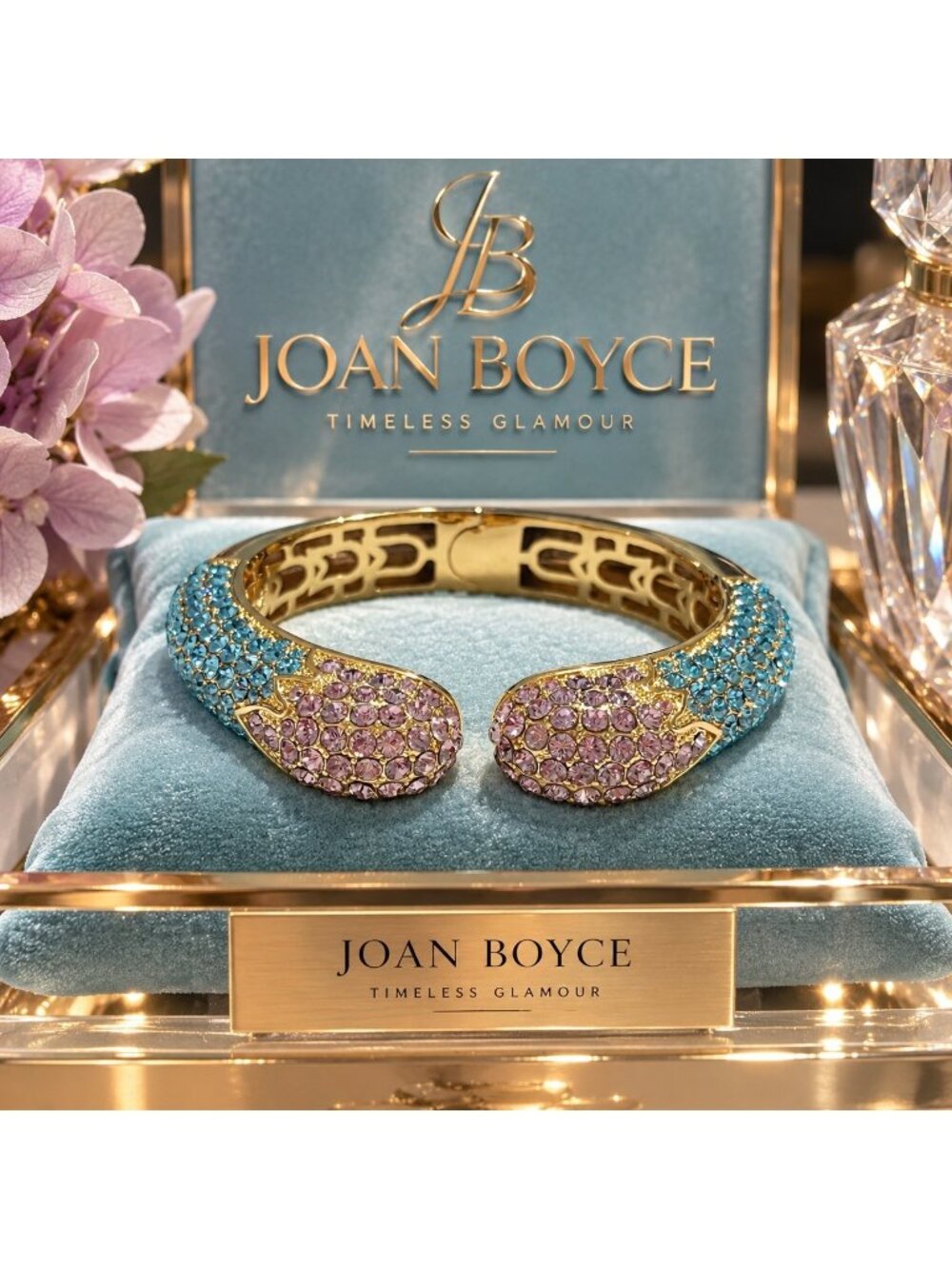 Joan Boyce Kissable Cuff Bracelet Blue Pink Pavé Crystal Gold Tone Hinged JB